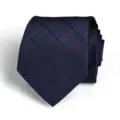 Classic navy blue plaid necktie with black and red grid pattern for business formal wear. - Dark Blue Grid