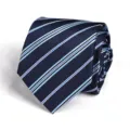 Close up of rolled navy blue striped tie showing fine fabric texture and diagonal lines detail - Dark Blue Impression