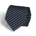 Close up detail of a classic dark blue necktie with light blue diagonal stripes pattern. - Dark Blue Stripe