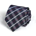 Classic navy blue plaid men necktie with red and white stripes for business formal wear. - Fashion Plaid