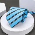 Men's blue striped business formal zipper necktie, stylish professional work accessory. - Lake Blue Double Black Lines Zipper Necktie