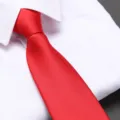 Men's classic red zipper necktie matched with white dress shirt for business formal wedding events. - Bright Red Glossy Zipper