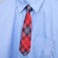 Detailopname van een klassieke rood-zwarte geruite stropdas op een lichtblauw overhemd. - Rood Ruitjes Dames Stijl