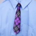 Dettaglio cravatta a quadri viola, motivo tartan classico, accessorio colletto vintage - A Quadri Viola e Nero Stile Donna