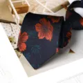 Navy blue floral tie with orange flowers, elegant fabric for business and wedding suits. - 8cm Zipper Style / Orange Scenery