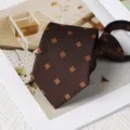 Brown vintage patterned zipper tie for men, stylish business wedding formal necktie. - 8cm Zipper Style / 8cm Coffee Gold Small Squares