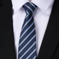 Men's blue striped business necktie close up detail, classic formal wear matching accessory. - W15 Style Blue Stripe