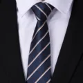 Men's classic striped business tie in dark blue with white and brown stripes for formal wear. - Dark Blue and Yellow Stripe