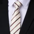 Close-up detail of classic striped men's necktie paired with formal dress shirt and suit. - Champagne Striped (Gift Box Set)