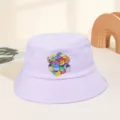 Detail view of a light purple bucket hat featuring a colorful artistic cube graphic print. - M (56-58cm) / Purple
