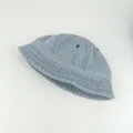 Detailed view of kids light blue washed denim bucket hat, breathable fabric and fine stitching. - 48cm Hat Circumference / Light Blue