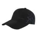 Detail view of black quick-drying baseball cap with geometric side pattern and front logo. - Black