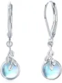 Boucles d'oreilles pendantes argentées avec branche de feuilles et pierre bleue. - Style Pendant Feuille Longue (ER976)