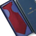 Men's classic red striped tie packaged in a elegant blue gift box for formal events. - Zipper Style / Long Box / Deep Burgundy Dark Pattern