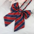 Close-up detail of a red and blue striped JK bow tie accessory on white lace fabric. - Tibetan Red Striped Ribbon Bow