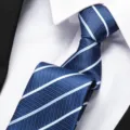 Close-up detail of a classic blue striped necktie paired with a white dress shirt. - 8cm A059 Zipper