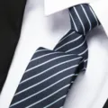 Close-up detail of a classic navy blue striped tie featuring light blue diagonal lines. - 8cm W2 Zipper
