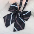 Detailed close-up of dark blue JK uniform bow tie with striped pattern and cute embroidery. - Navy Blue Crown Ribbon Bow