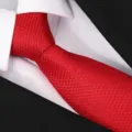 Primo piano dettagliato di una cravatta in seta rossa vino con colletto di camicia bianca. - Cravatta Fatta A Mano Rosso Auspiciosa / Rosso