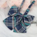 JK Japanese style plaid bow tie ribbon collar accessory for uniform shirts, detailed close-up. - Dark Blue Blue Plaid Ribbon Bow