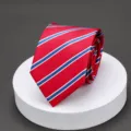 Detailed view of men's red formal tie featuring classic blue and white diagonal striped pattern. - H004 Red Blue Stripe