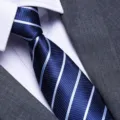 Detailed close-up of a stylish navy blue striped necktie paired with a classic white shirt. - A059 Zipper Style / 8cm