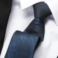 Close-up detail of dark blue geometric textured business necktie with white shirt collar and suit. - 8cm Blue Entangled Pattern Zipper