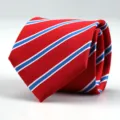 Red men's formal business tie featuring classic blue and white diagonal stripes detail view. - H004 Blue White Line Style