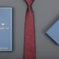 Red business tie with gift box, elegant geometric pattern for men wedding formal wear detail view. - 8cm Burgundy Snowflake Zipper (Long Gift Box)