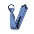 Close-up detail of the blue zipper tie showing fine diagonal texture, adjustable loop, and zipper. - Zipper Style / Ocean Blue Fine Stripe