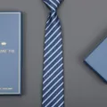 Detailed close-up of blue striped necktie with gift box, premium fabric and professional design. - 8cm W15 Zipper (Long Gift Box)
