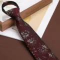 Men's vintage floral zipper necktie, pre-tied business wedding suit tie, dark red 8cm wide. - 8cm Sunken Flower Burgundy Zipper Style