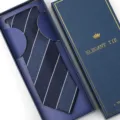 Dark blue striped men's necktie presented in an elegant gift box packaging detail view - Hand-Tied / Long Box / Navy White Stripe Wide Twill