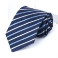 Detailed view of a classic navy blue striped necktie featuring light blue diagonal lines. - A02 Style Blue Stripe