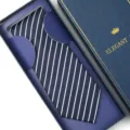 Classic navy blue men's formal business necktie featuring elegant white vertical stripe patterns. - Zipper Style / Long Box / Navy White Stripe (W2)