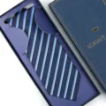 Blue striped men's formal necktie presented in an elegant gift box, perfect for business wear. - Zipper Style / Long Box / Navy & Light Blue Stripe (W15)