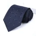 Classic men's navy blue formal necktie with stylish geometric wave pattern and white dots. - 8cm Wave White Dot Self-tie