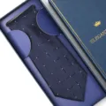 Navy blue formal men's tie with white dot pattern in elegant gift box, detailed view. - Zipper Style / Long Box / Wavy White Dot