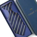 Classic navy blue stripe necktie with gift box for men formal business wedding wear. - Zipper Style / Long Box / Aesthetic Gold Stripe