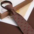 Brown zipper necktie for men featuring red floral and blue dot pattern for business wedding. - 8cm Golden Brown Jacquard Zipper Style