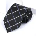 Close-up detail of black men's formal business tie with classic blue white grid pattern. - 8cm Business Black Plaid Self-tie