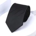 Classic black striped necktie for men, formal business suit accessory, elegant style detail view - 8cm Black Jacquard Self-tie