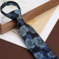 Blue floral pattern zipper necktie, men business formal wear accessory, black base variant. - 8cm Blue Begonia Zipper Style