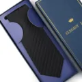 Men's black striped formal tie packaged in a luxury blue gift box for wedding and business. - Zipper Style / 8cm Long Box / Black Bold Stripe