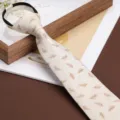 Men's zipper necktie with vintage feather pattern, off-white business wedding tie 8cm. - 8cm Beige Feather Zipper Style