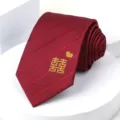 Men's red wedding necktie with gold double happiness embroidery, elegant formal accessory. - 8cm Wine Red Twill Double Happiness Self-tie