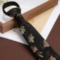 Men's black retro floral zipper necktie, business formal vintage 8cm wedding tie. - 8cm Magnolia Black Coffee Zipper Style