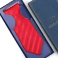 Classic red striped men's necktie set with elegant blue gift box for formal business wear. - Zipper Style / Long Box / Red Stripes