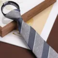 Men's business vintage style zipper necktie with grey and blue stripes, perfect for formal wear. - 8cm Gray Blue Wide Stripe Zipper Style