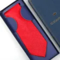 Red formal men's necktie with geometric texture presented in a stylish gift box. - Zipper Style / Long Box / Red Plaid